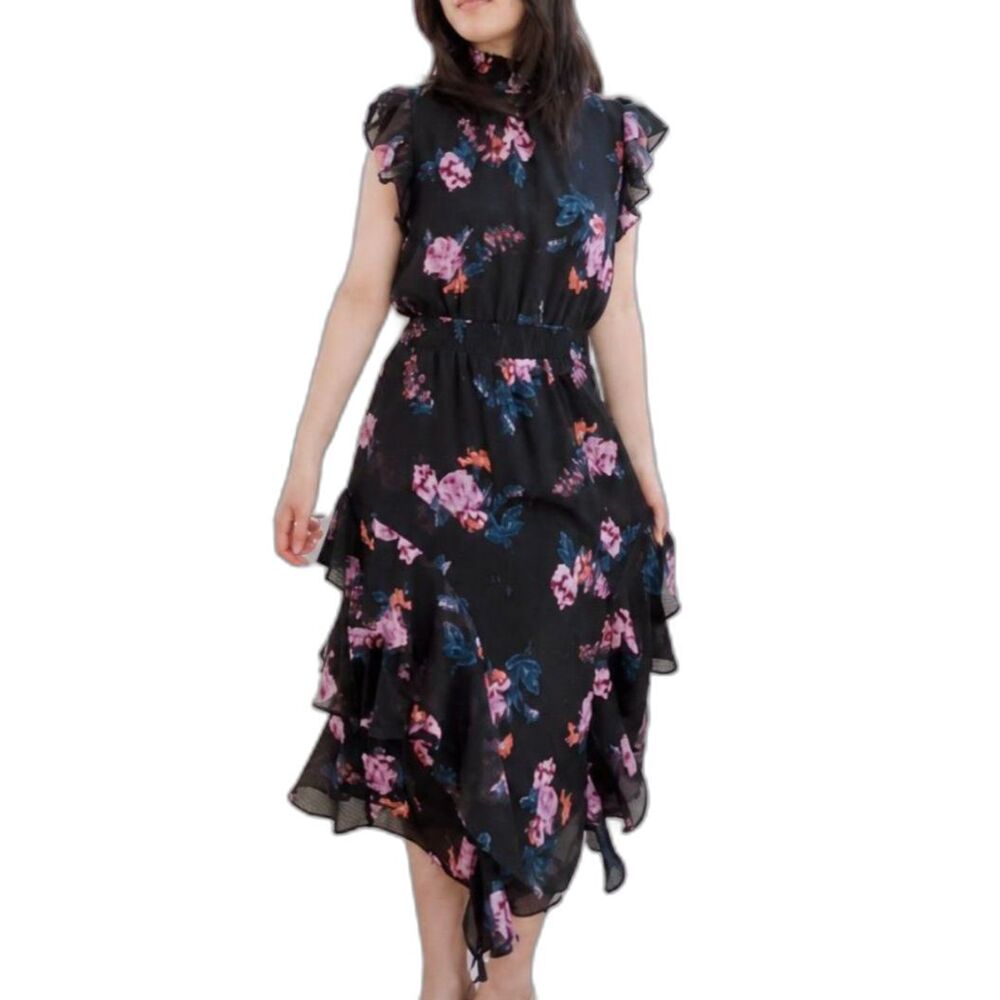 Rachel Roy Black Floral Pockets Dress Dobby Grid Chiffon Ruffle Tier Mock Midi 6